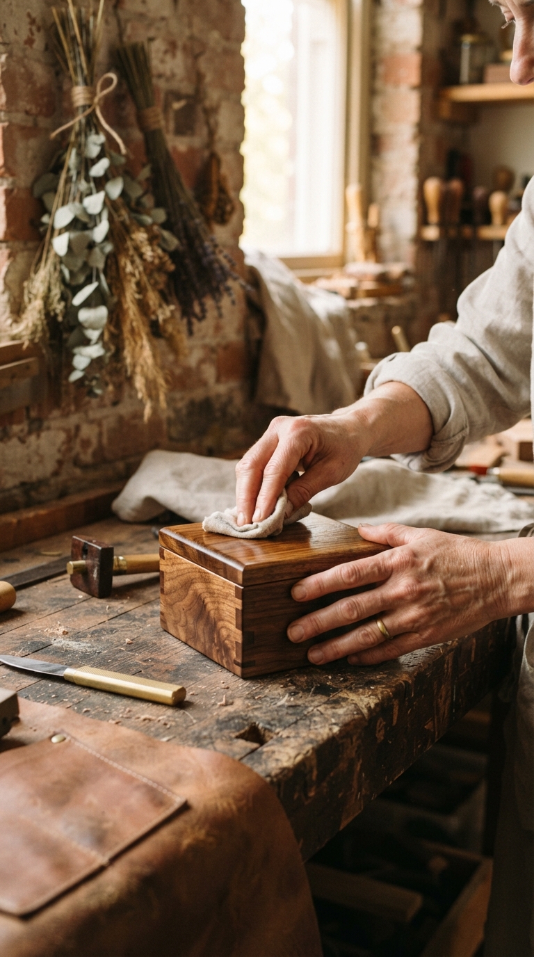 Artesano terminando a mano una caja de madera